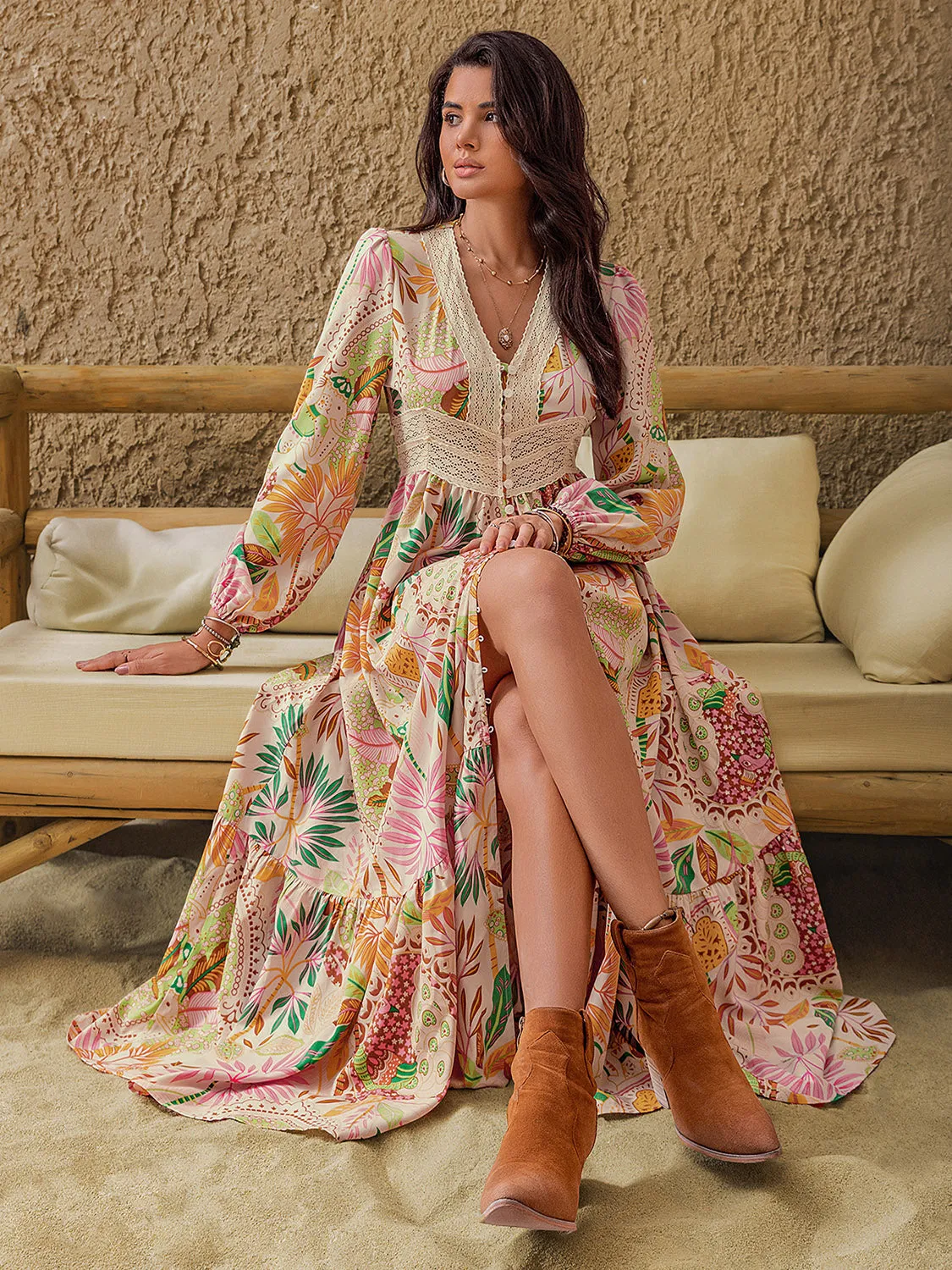 🌸 Lace Detail Printed V-Neck Long Sleeve Midi Dress 🌸