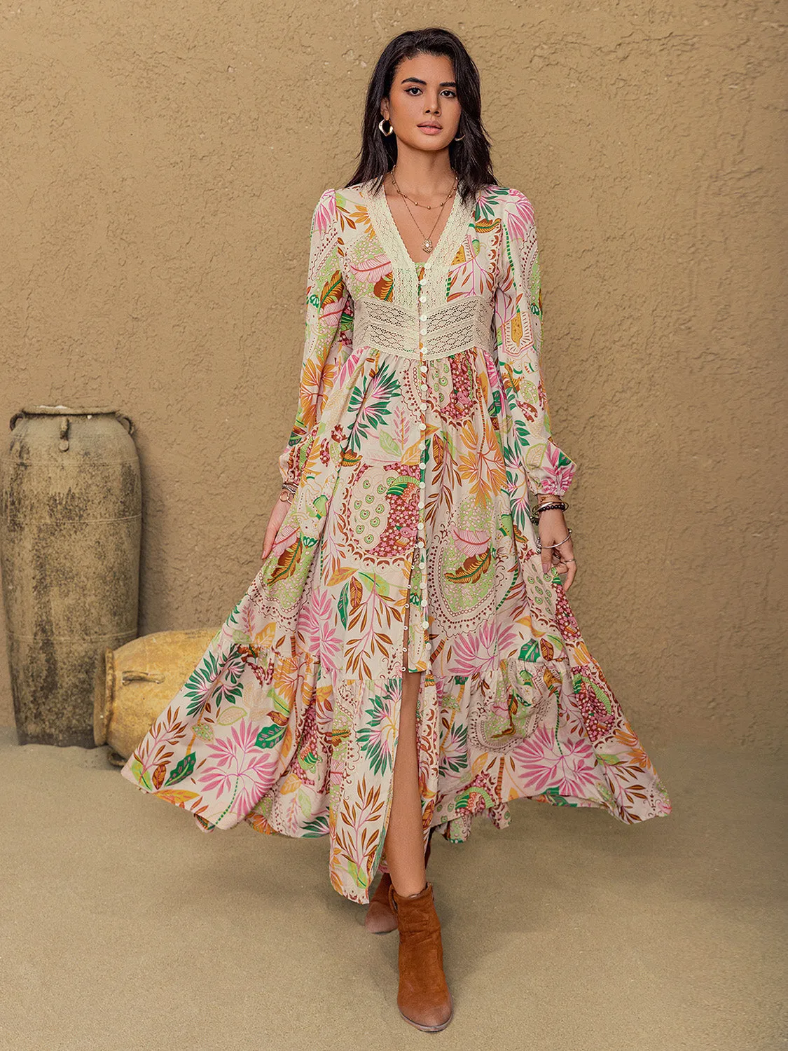 🌸 Lace Detail Printed V-Neck Long Sleeve Midi Dress 🌸