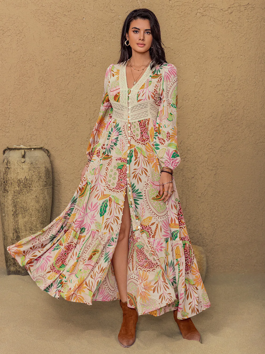 🌸 Lace Detail Printed V-Neck Long Sleeve Midi Dress 🌸