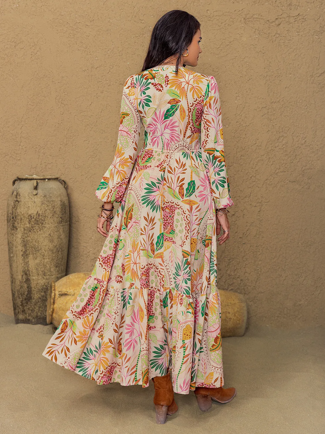 🌸 Lace Detail Printed V-Neck Long Sleeve Midi Dress 🌸