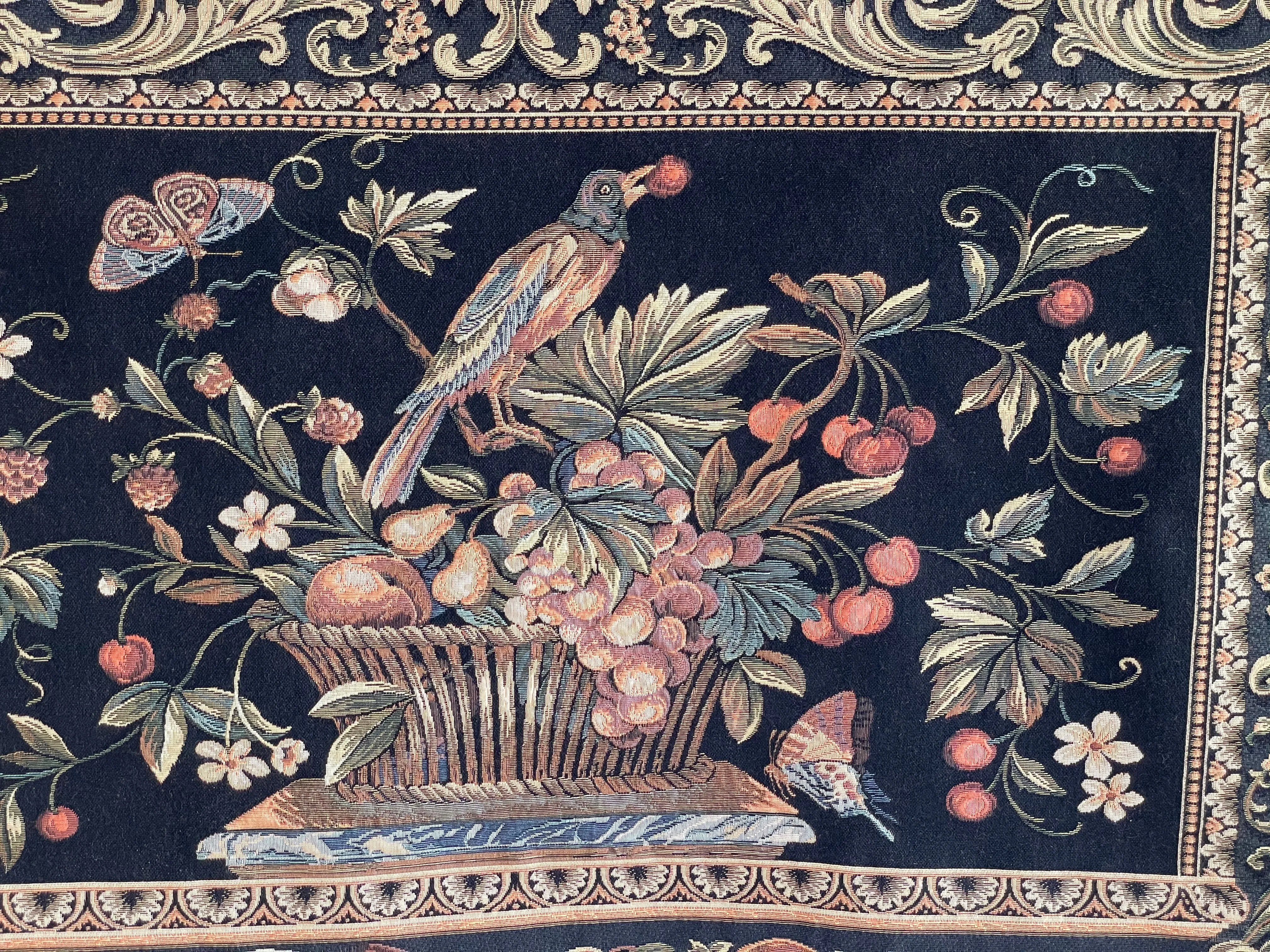 € Wall Hanging Tapestry Black & Gold Bird on Fruit Basket Ornate Gold Rod/Finials Lined