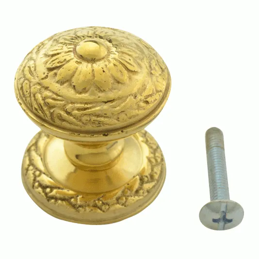 1 1/4 Inch Ornate Round Solid Brass Knob (Polished Brass Finish)