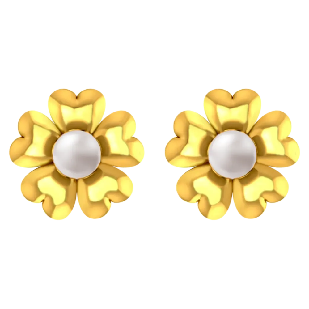 14k Gold Earring With A Floral Design And A Pearl Centre