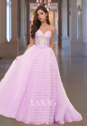 A-Line Off-Shoulder Sweetheart Pleated Prom Dress Lace Applique Beaded Cutout Tiered Party Dress