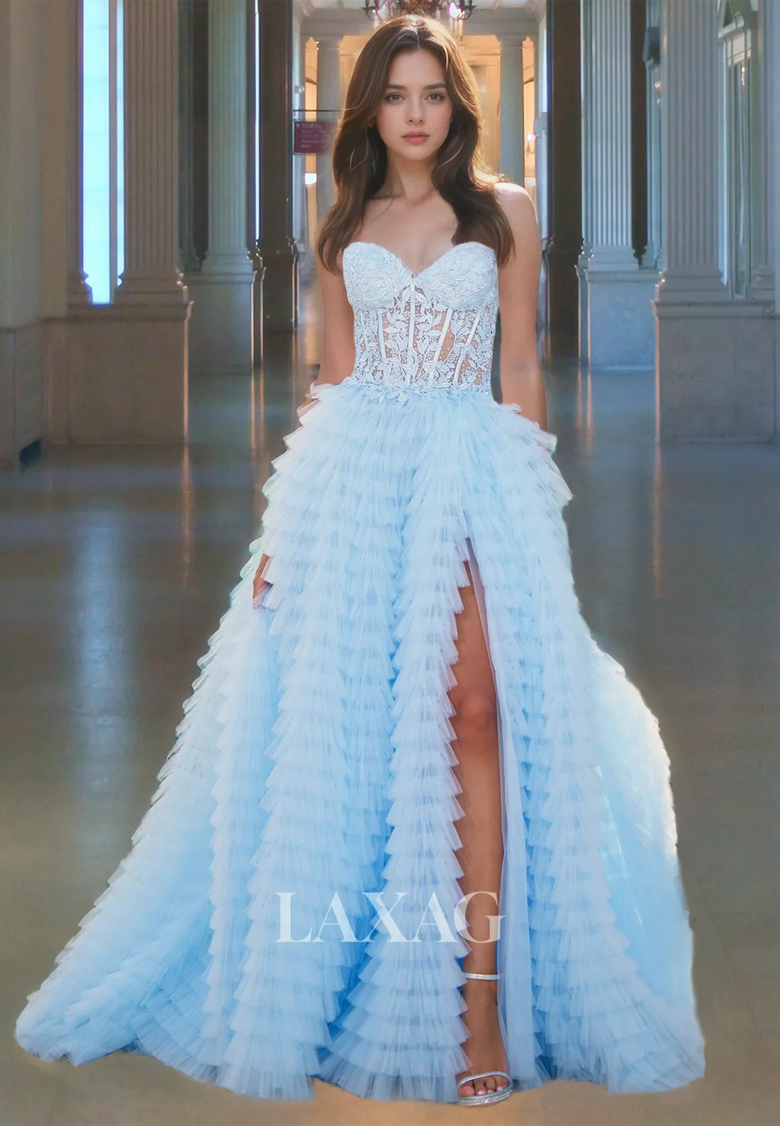 A-Line Off-Shoulder Sweetheart Pleated Prom Dress Lace Applique Beaded Cutout Tiered Party Dress