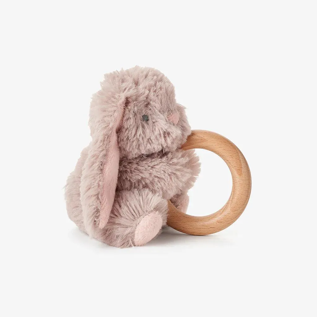 Baby Plush Teether | Plush Bunny Wooden Ring Rattle | Elegant Baby