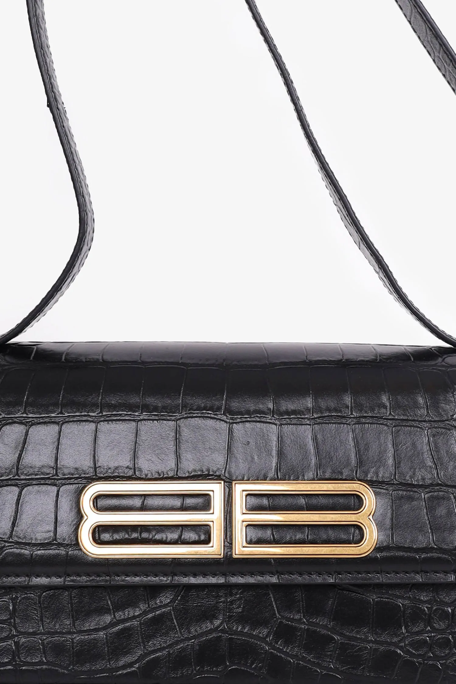 Balenciaga Black Calfskin Crocodile Embossed Medium Gossip Bag