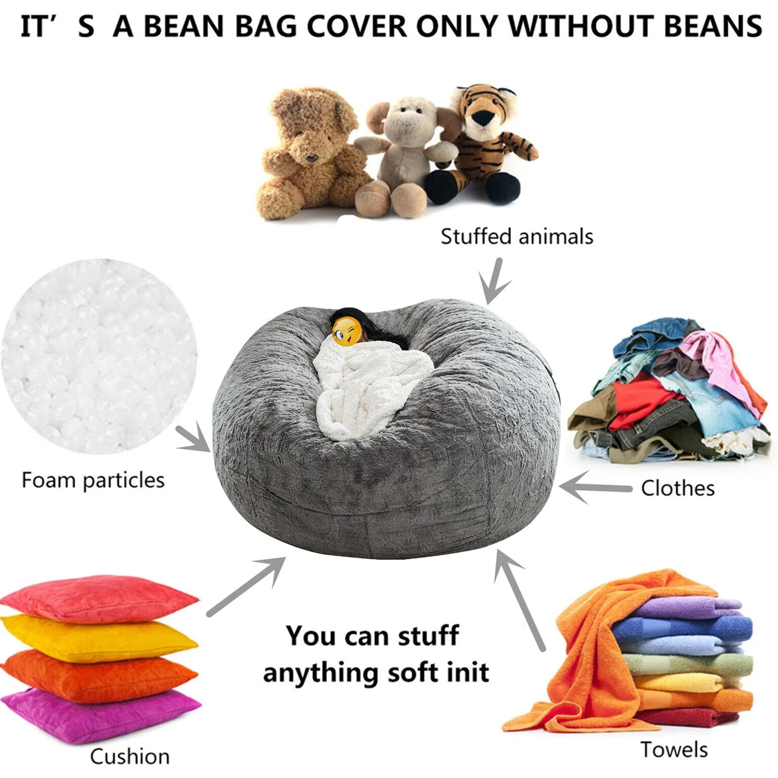 Bean Bag Chair Cover Gray Storage Beanbag Case