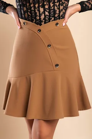 Camel Elegant High-Waisted Mini Skirt with Decorative Button Details