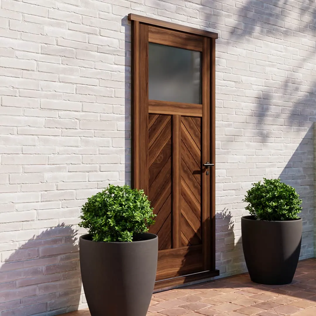 Chevron Paneled Solid Wood Exterior Door With Window