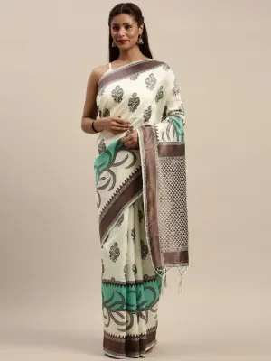 Cream-Coloured & Green Silk Blend Woven Design Saree