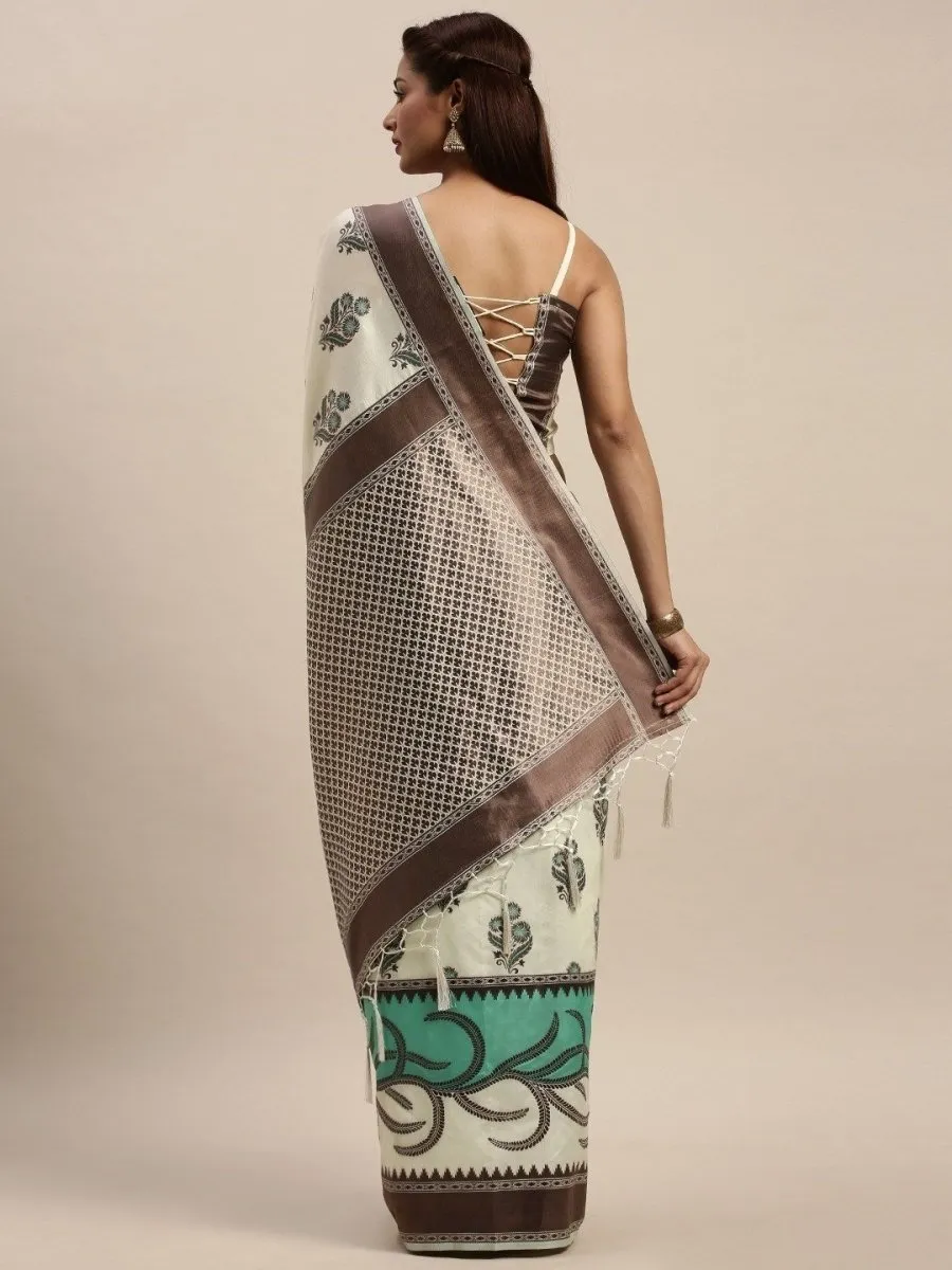 Cream-Coloured & Green Silk Blend Woven Design Saree