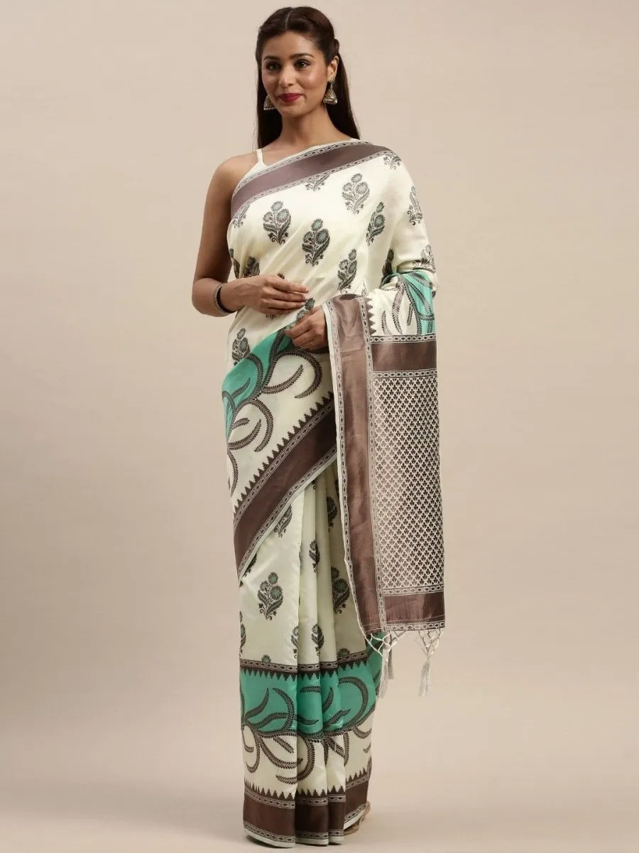 Cream-Coloured & Green Silk Blend Woven Design Saree