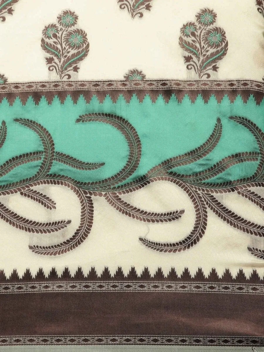 Cream-Coloured & Green Silk Blend Woven Design Saree
