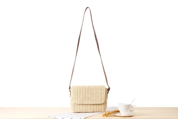 Crossbody Messenger Bag Raffia Straw Shoulder Bag with Straight Flap