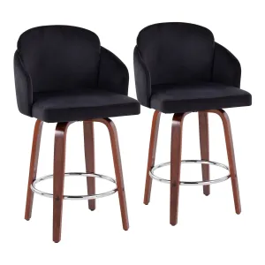 Dahlia Contemporary Counter Stool in Walnut Wood and Black Velvet with Gold Metal Accent and Round Chrome Footrest by LumiSource - Set of 2