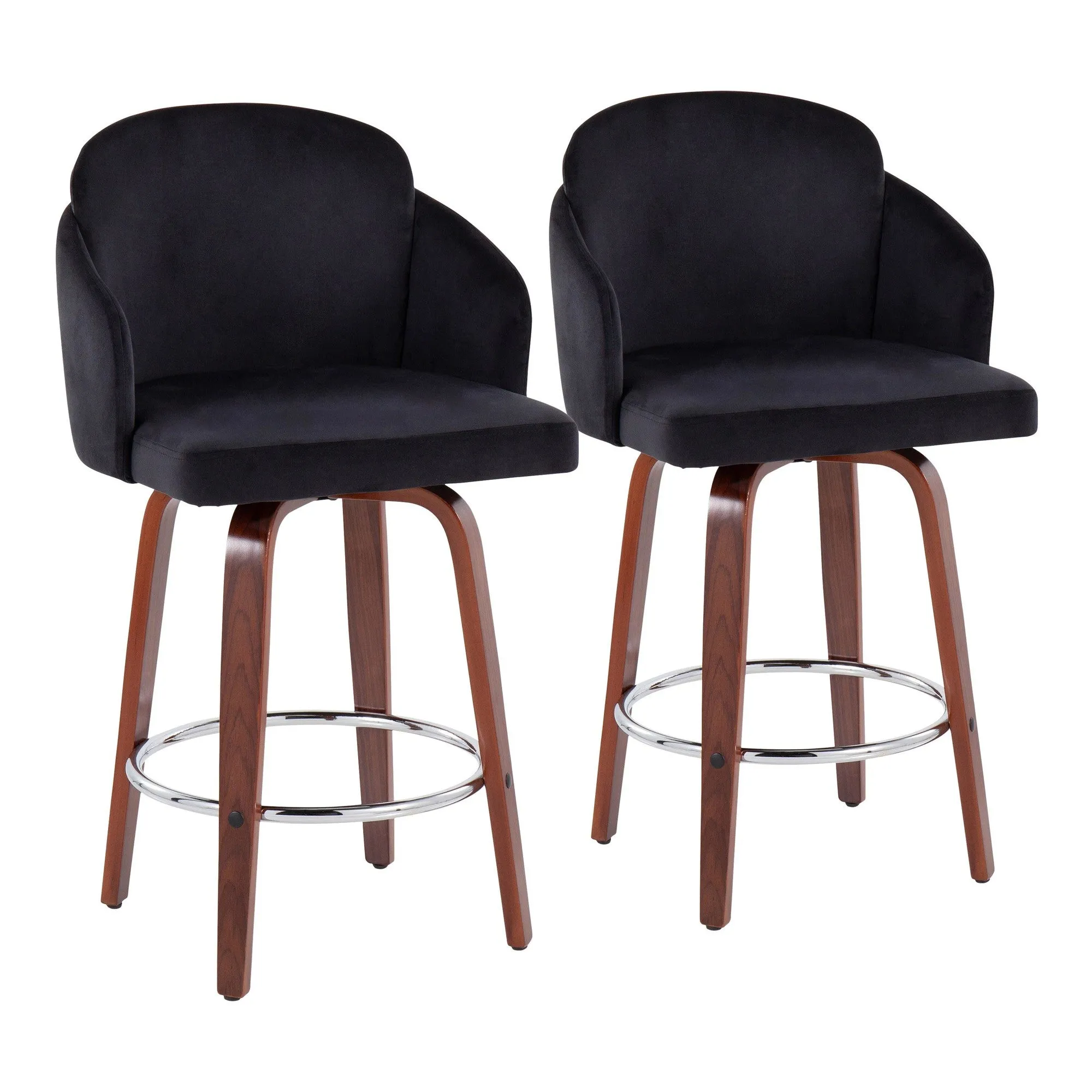 Dahlia Contemporary Counter Stool in Walnut Wood and Black Velvet with Gold Metal Accent and Round Chrome Footrest by LumiSource - Set of 2