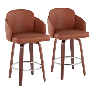 Dahlia Contemporary Counter Stool in Walnut Wood and Camel Faux Leather with Round Chrome Footrest by LumiSource - Set of 2