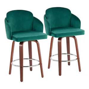 Dahlia Contemporary Counter Stool in Walnut Wood and Green Velvet with Gold Metal Accent and Round Chrome Footrest by LumiSource - Set of 2