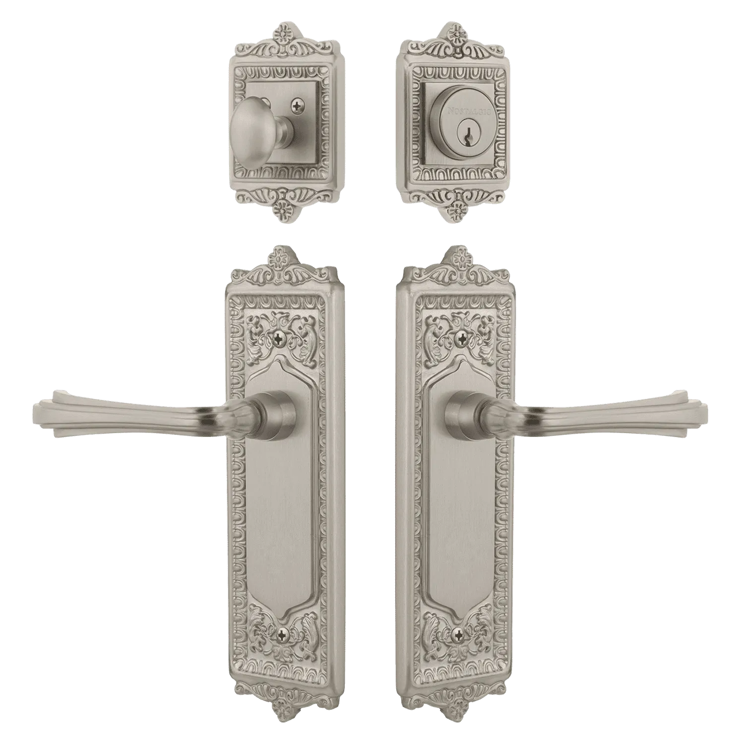 Egg & Dart Entry Set with Fleur Lever in Satin Nickel