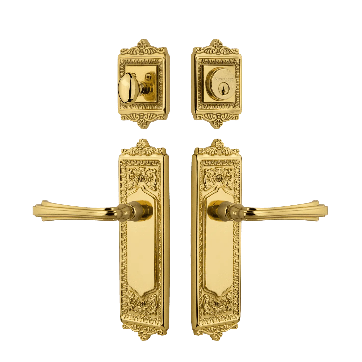 Egg & Dart Entry Set with Fleur Lever in Unlacquered Brass