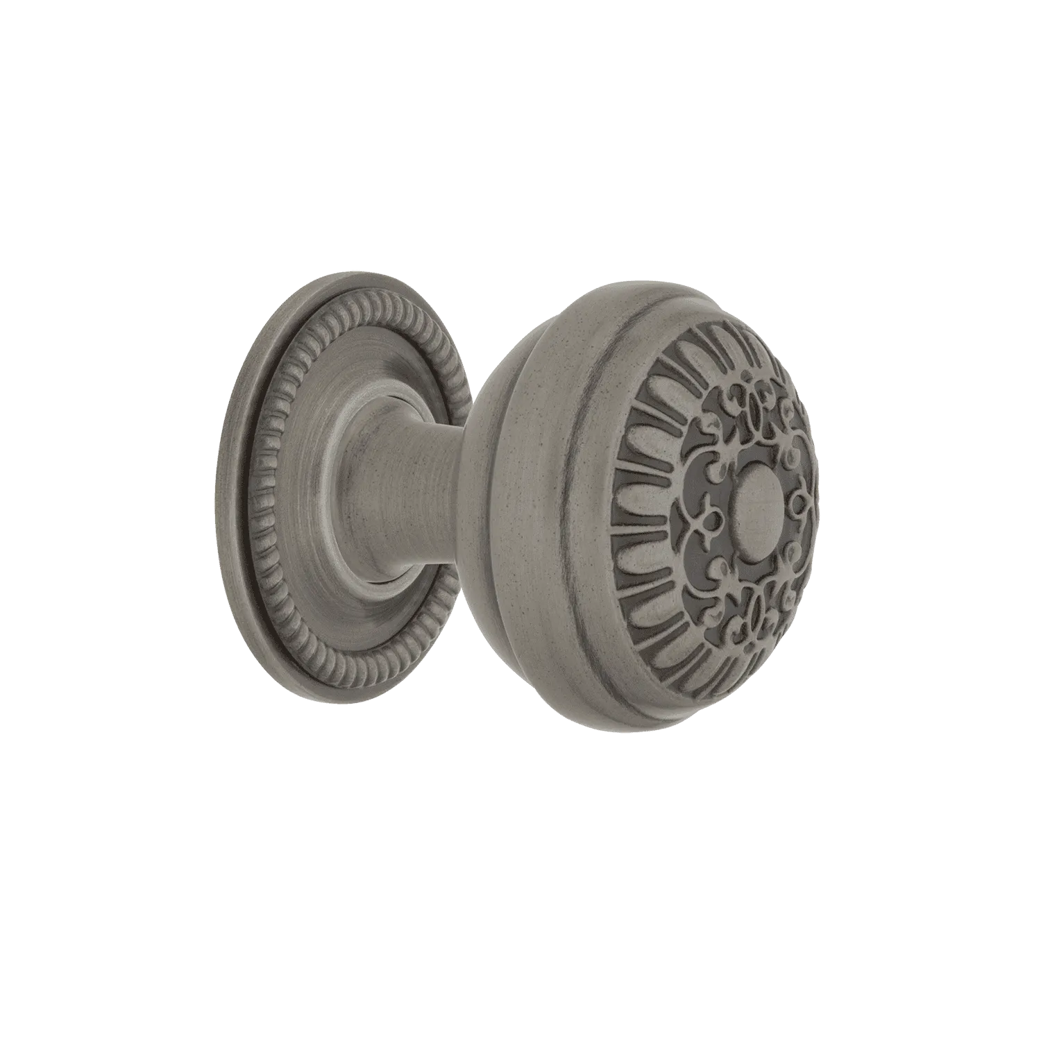 Egg And Dart Brass 1 3/8" Cabinet Knob with Rope Rose in Antique Pewter