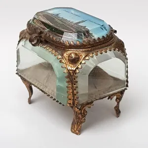 French Gilded Tin Bevel Glass Windowed Souvenir Trinket Box For The British Franco Exhibition London Antique circa 1908