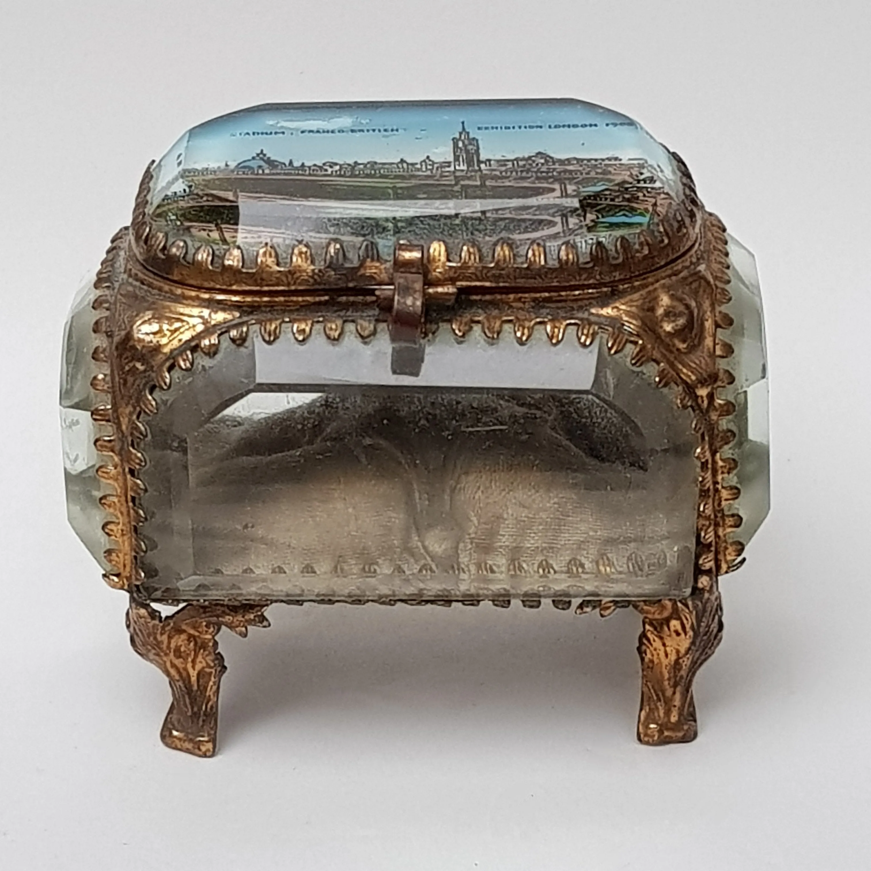 French Gilded Tin Bevel Glass Windowed Souvenir Trinket Box For The British Franco Exhibition London Antique circa 1908