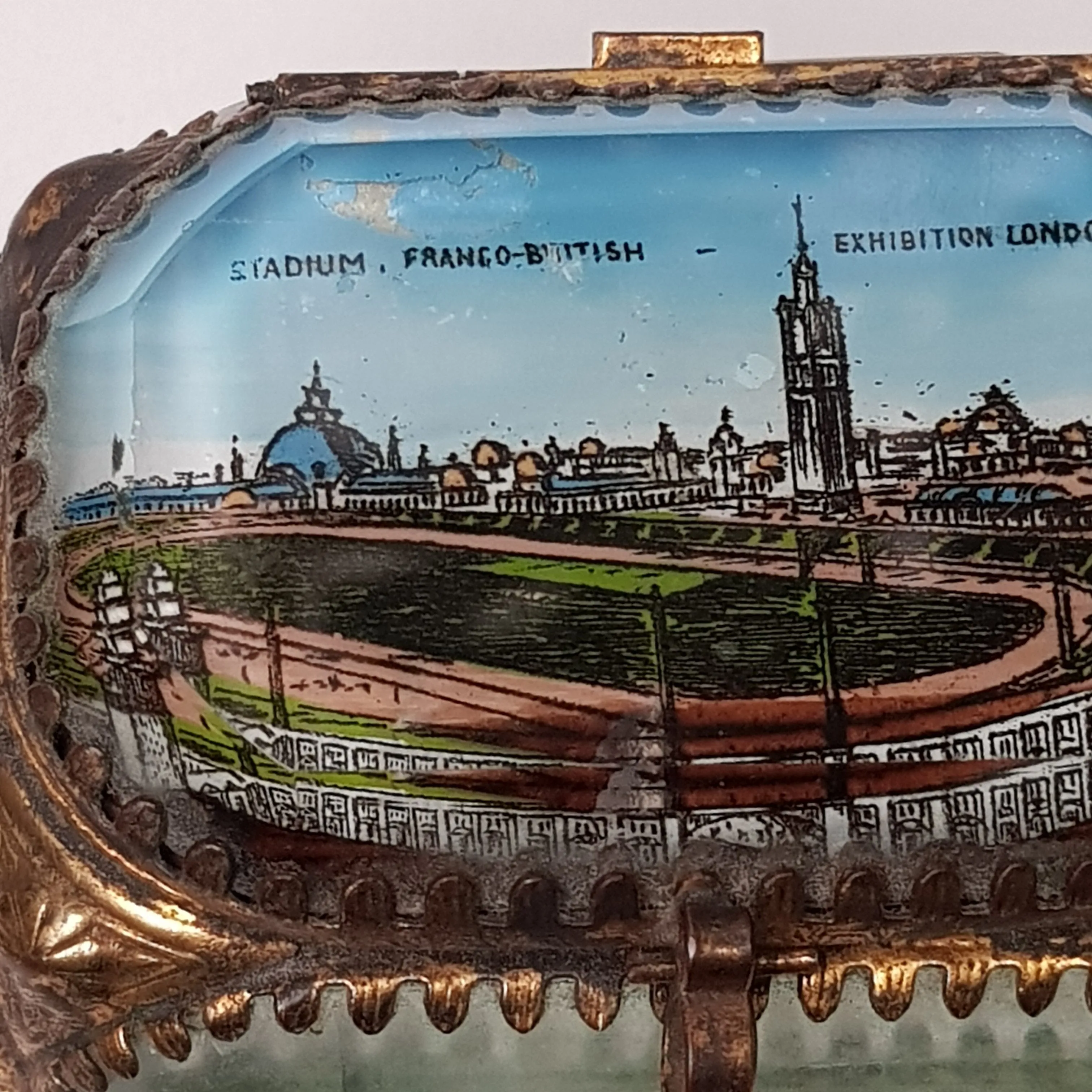 French Gilded Tin Bevel Glass Windowed Souvenir Trinket Box For The British Franco Exhibition London Antique circa 1908