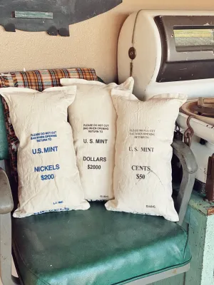 Genuine Vintage U.S. Mint Canvas Bank Coin Money Bag Pillow, Vintage Home Decor, Decorative Home Decor Pillow, Dollars Nickels Cents