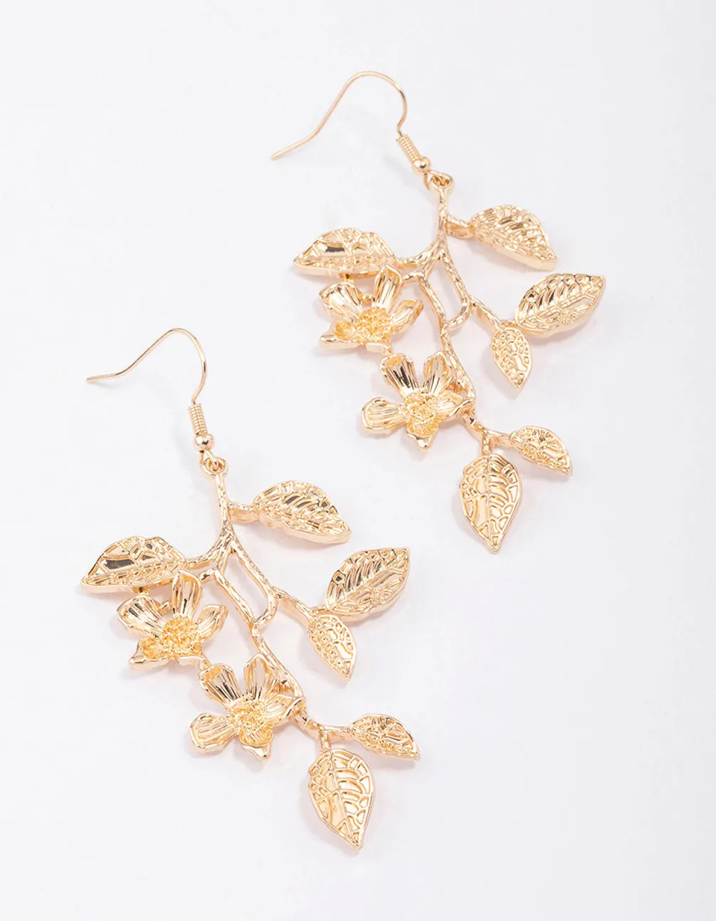 Gold Long Leaves Drop Earrings