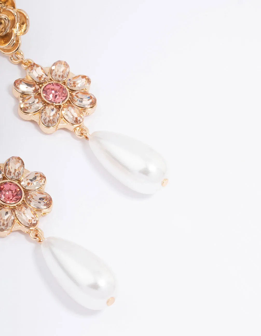 Gold Ornate Flower & Pearl Drop Earrings