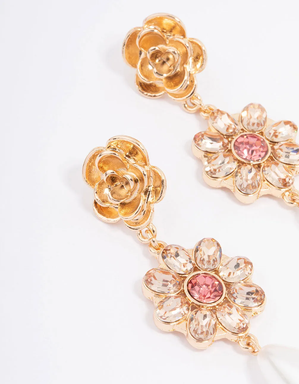 Gold Ornate Flower & Pearl Drop Earrings