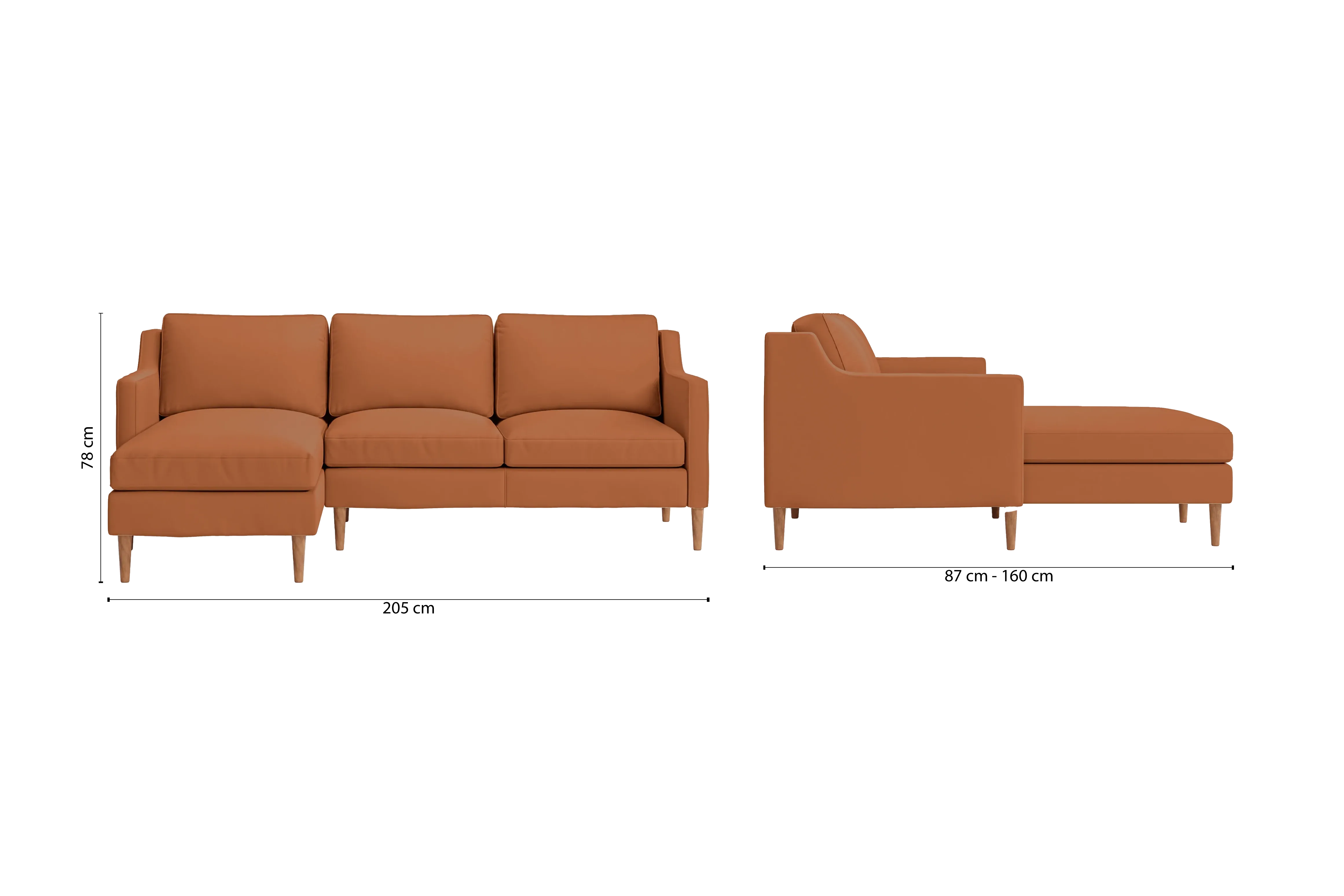 Greco 3 Seater Left Hand Facing Chaise Lounge Corner Sofa Tan Brown Leather