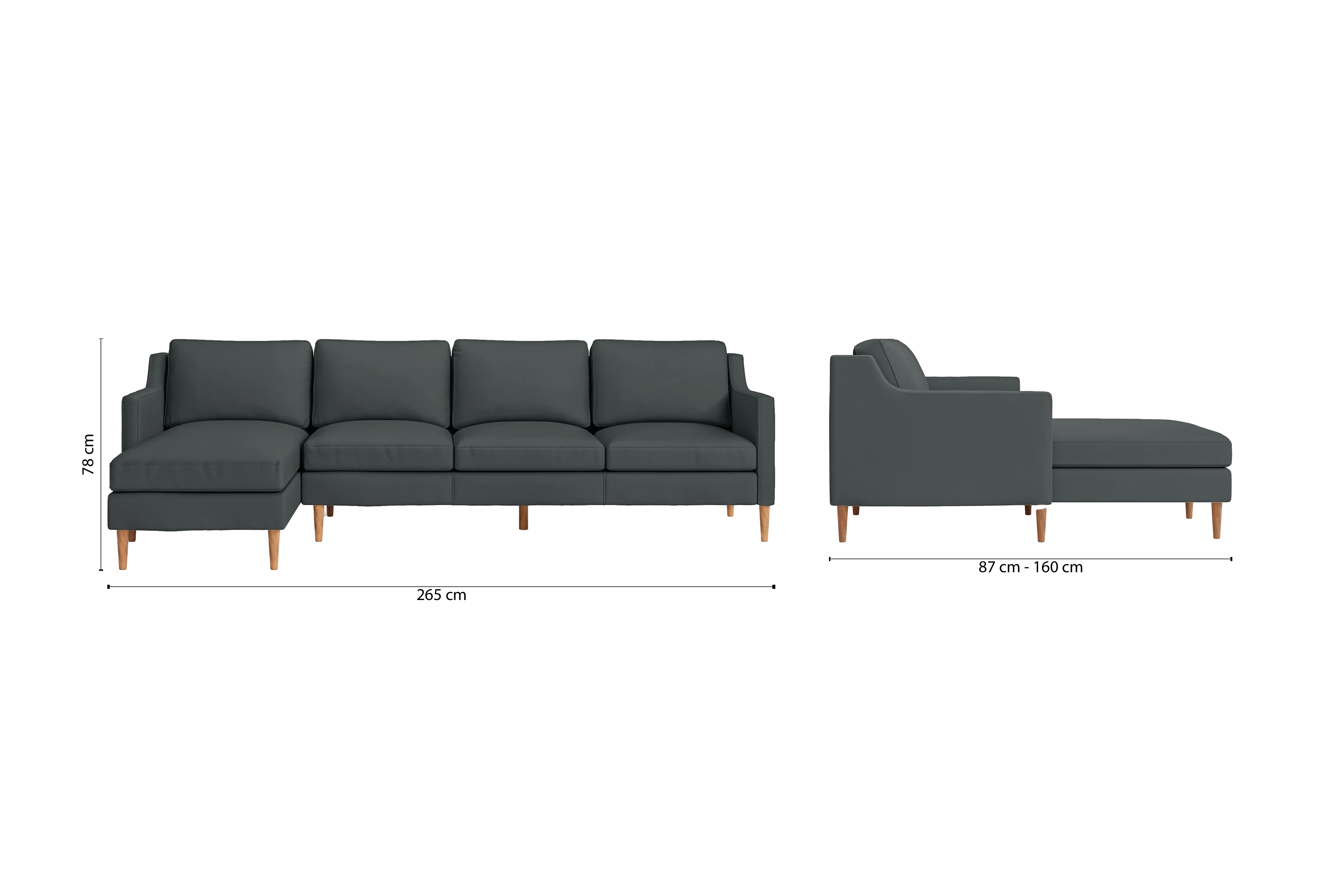 Greco 4 Seater Left Hand Facing Chaise Lounge Corner Sofa Slate Leather