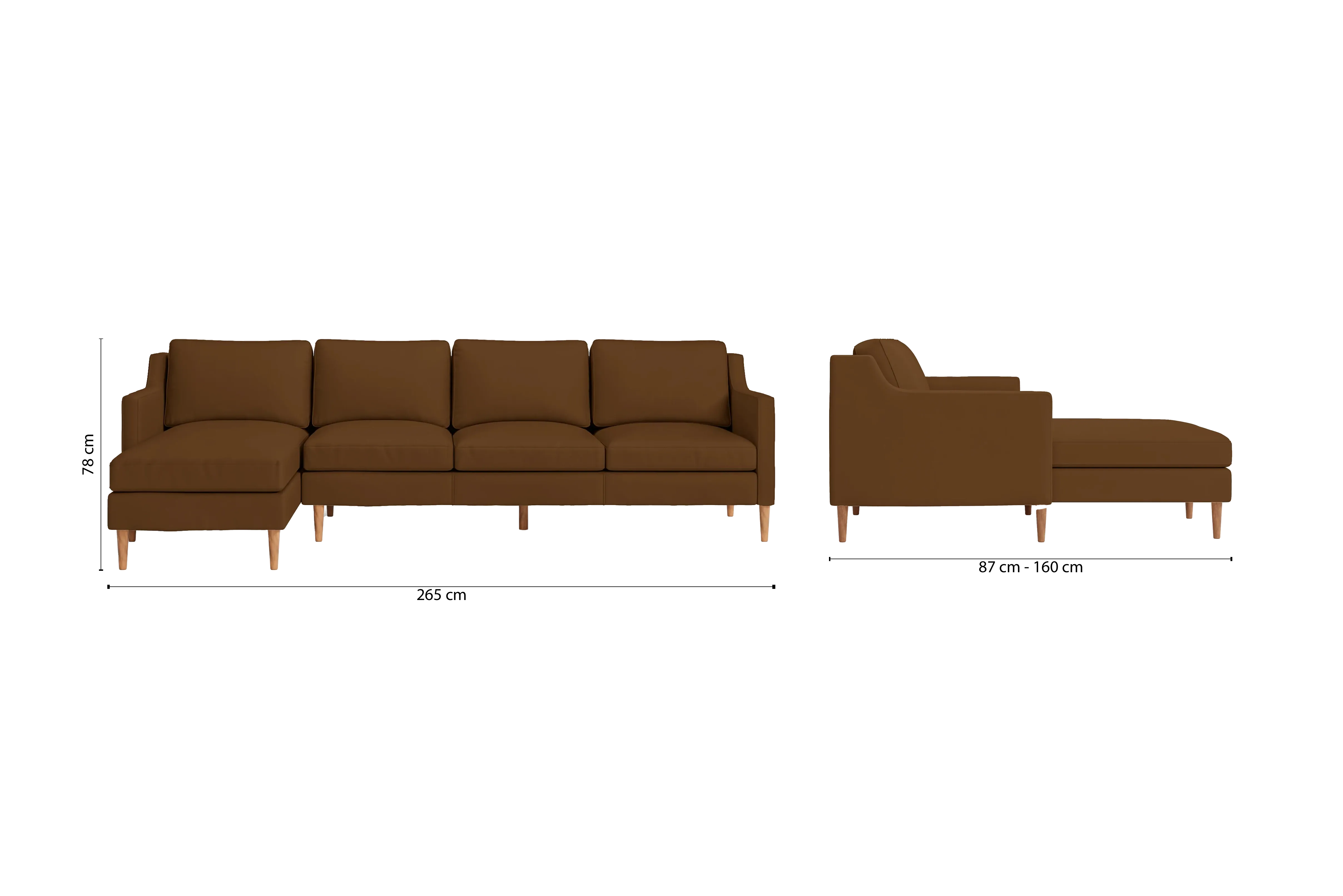 Greco 4 Seater Left Hand Facing Chaise Lounge Corner Sofa Walnut Brown Leather