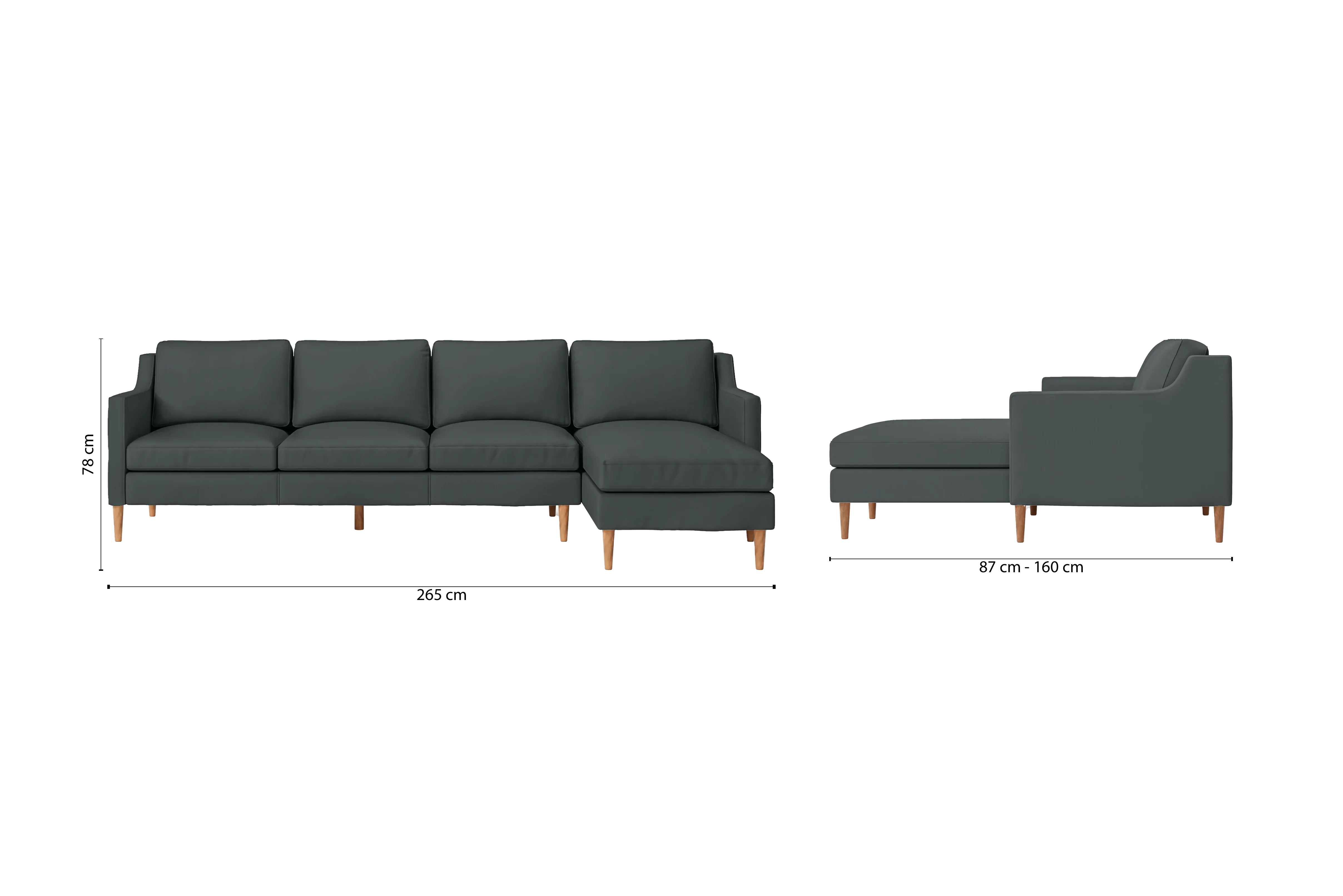 Greco 4 Seater Right Hand Facing Chaise Lounge Corner Sofa Slate Leather