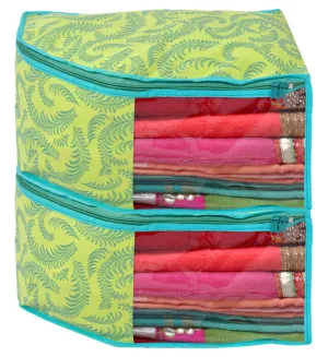 Heart Home Leaf Printed Non-Woven Blouse Cover Wardrobe Organiser Clothes Storage Bag With Front Window- Pack of 2 (Green)-44HH0528