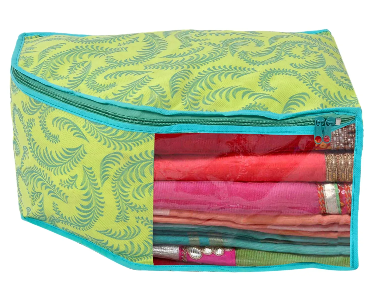 Heart Home Leaf Printed Non-Woven Blouse Cover Wardrobe Organiser Clothes Storage Bag With Front Window- Pack of 2 (Green)-44HH0528