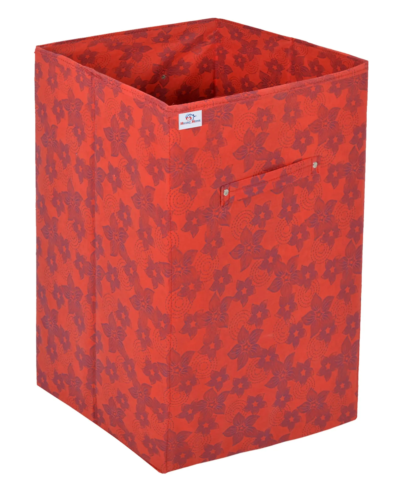 Heart Home Metallic Flower Printed Non-Woven Laundry Basket, Clothes Hamper For Laundry Closet, Bedroom, Bathroom With Handles- Pack of 2 (Red)-HS43HEARTH25863