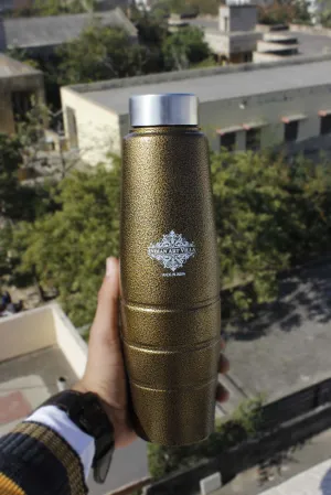 Indian Art Villa Stainless Steel Water Bottle Curve & Lining Design With Steel Cap & Antique Gold Color , Size-1000 ML, Travelling Purpose, Long Lasting, Drinkware, 1 Piece