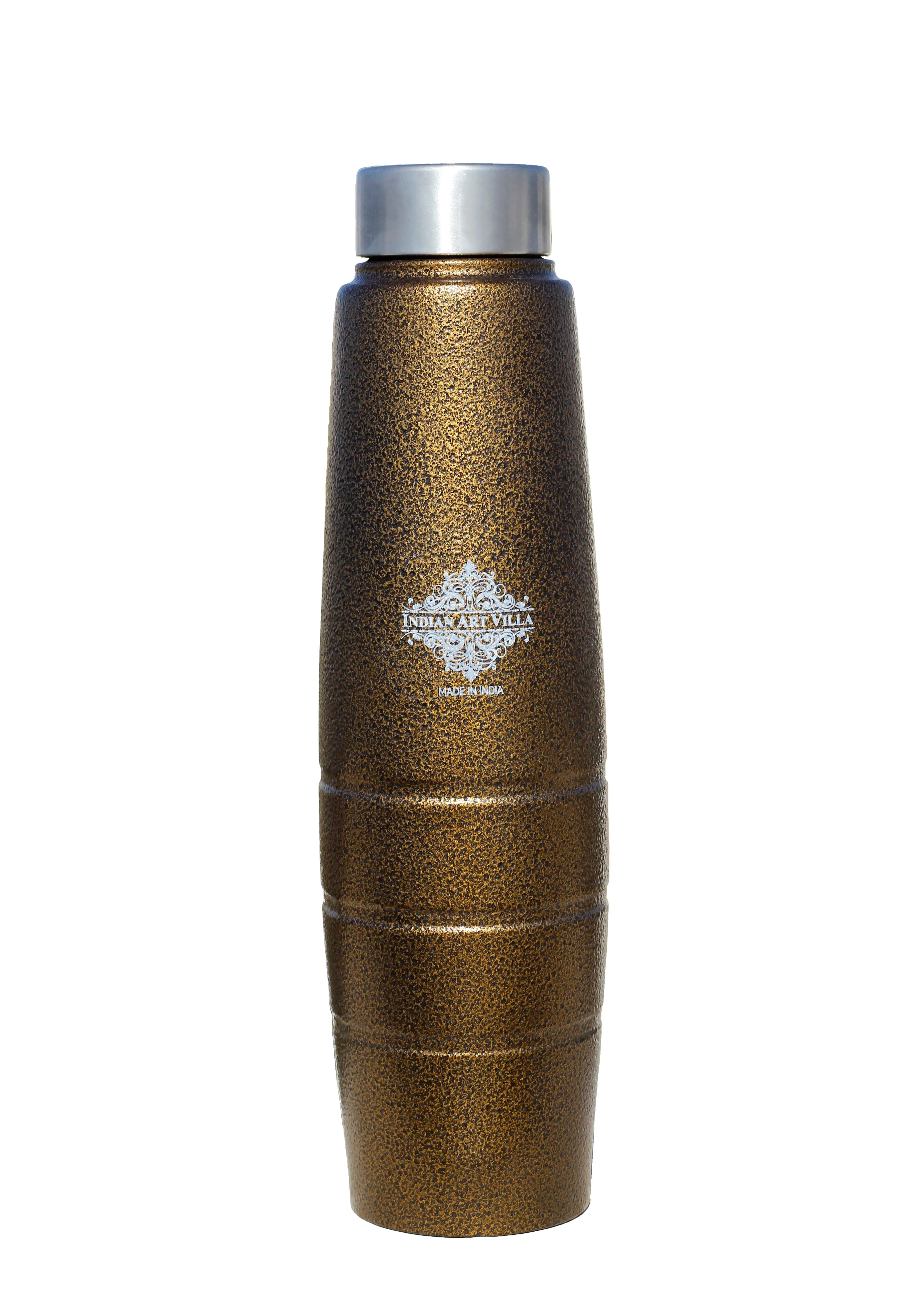 Indian Art Villa Stainless Steel Water Bottle Curve & Lining Design With Steel Cap & Antique Gold Color , Size-1000 ML, Travelling Purpose, Long Lasting, Drinkware, 1 Piece
