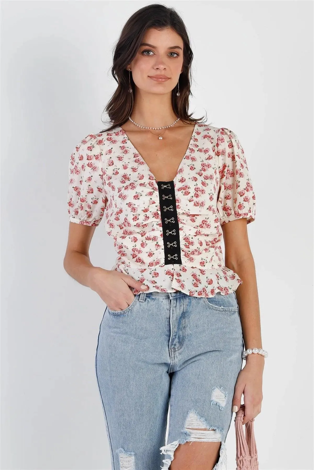 Ivory Rose Print Front Contrast Hook & Eye Detail Balloon Short Sleeve Top /1-2-2-1