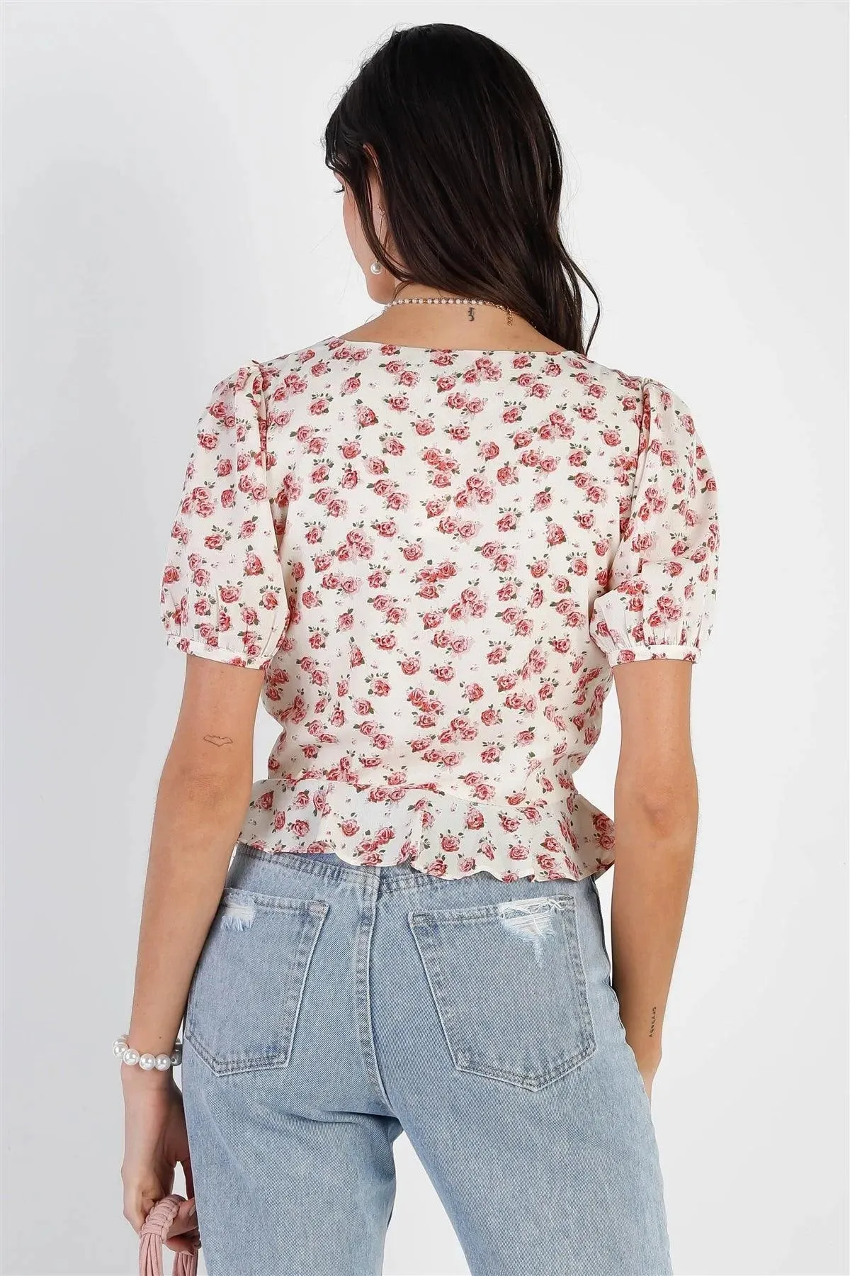 Ivory Rose Print Front Contrast Hook & Eye Detail Balloon Short Sleeve Top /1-2-2-1