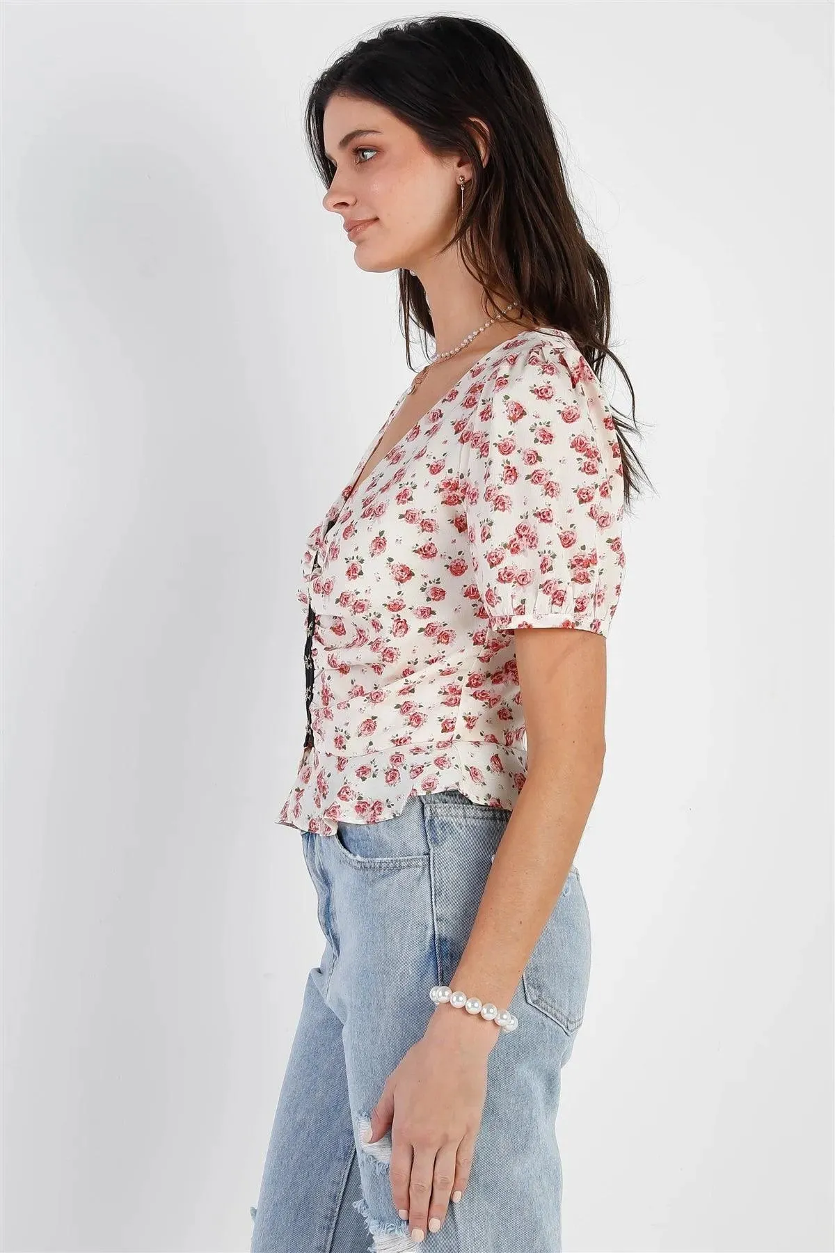Ivory Rose Print Front Contrast Hook & Eye Detail Balloon Short Sleeve Top /1-2-2-1