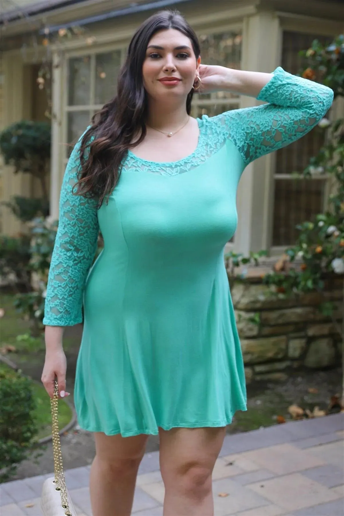 Junior Plus Mint Lace Detail Long Sleeve Mini Dress /2-3