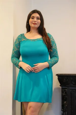 Junior Plus Teal Lace Detail Long Sleeve Mini Dress /2-2-2