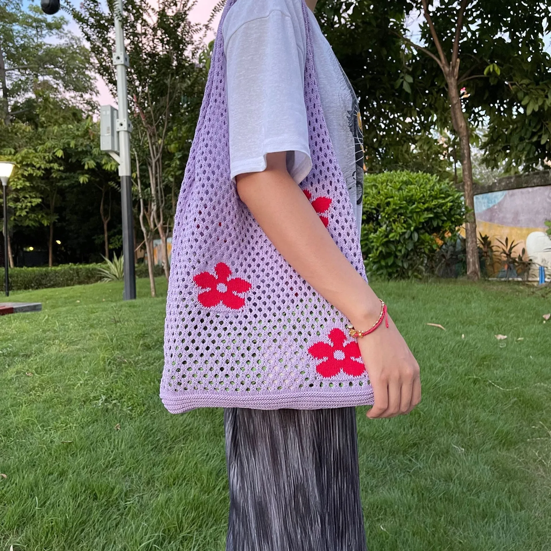 Knitted Flower Mesh Hollow Shoulder Bag