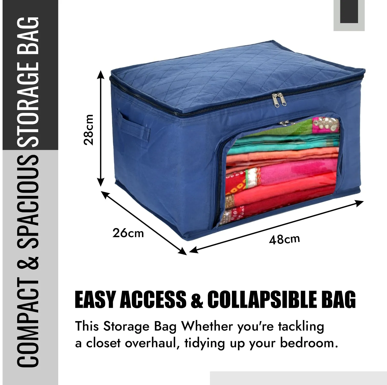 Kuber Industries Storage Bag | Zipper Closure Storage Bag | Clothes Organiser | Non-Woven Travel Storage Bag | Wardrobe Organizer with Transparent View | Pack of 2 | Blue