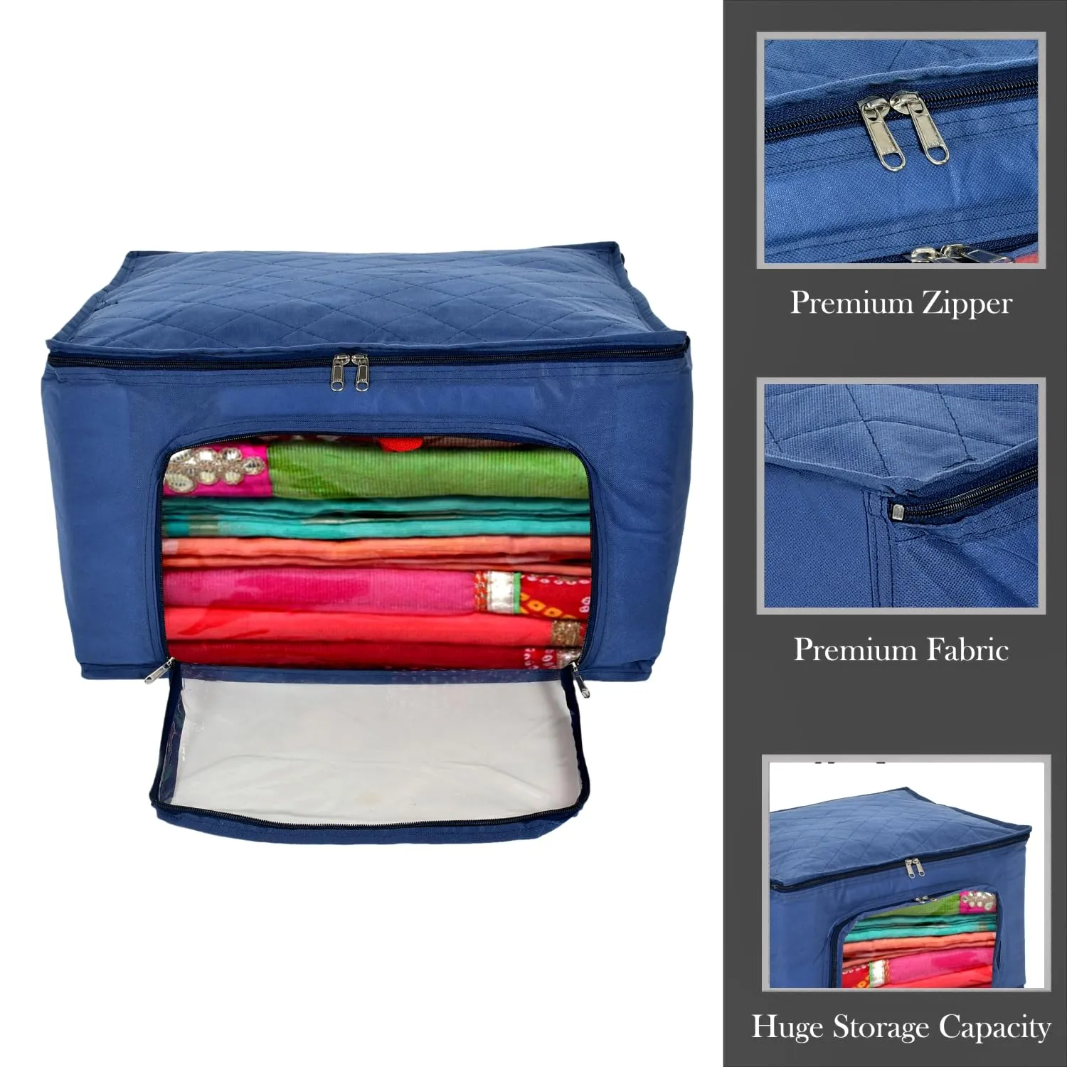 Kuber Industries Storage Bag | Zipper Closure Storage Bag | Clothes Organiser | Non-Woven Travel Storage Bag | Wardrobe Organizer with Transparent View | Pack of 2 | Blue